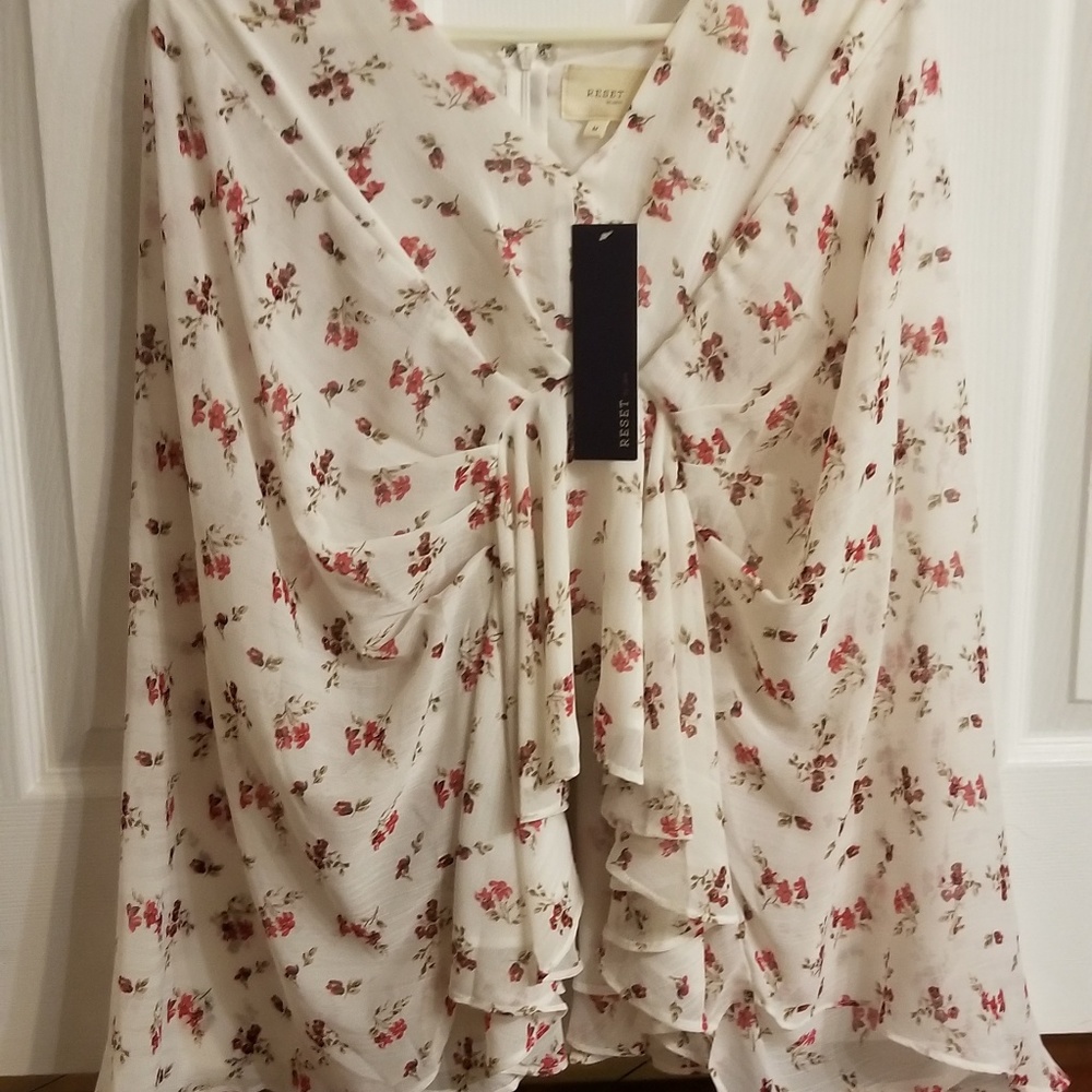 Reset", sheer cream floral, bat wing shirt